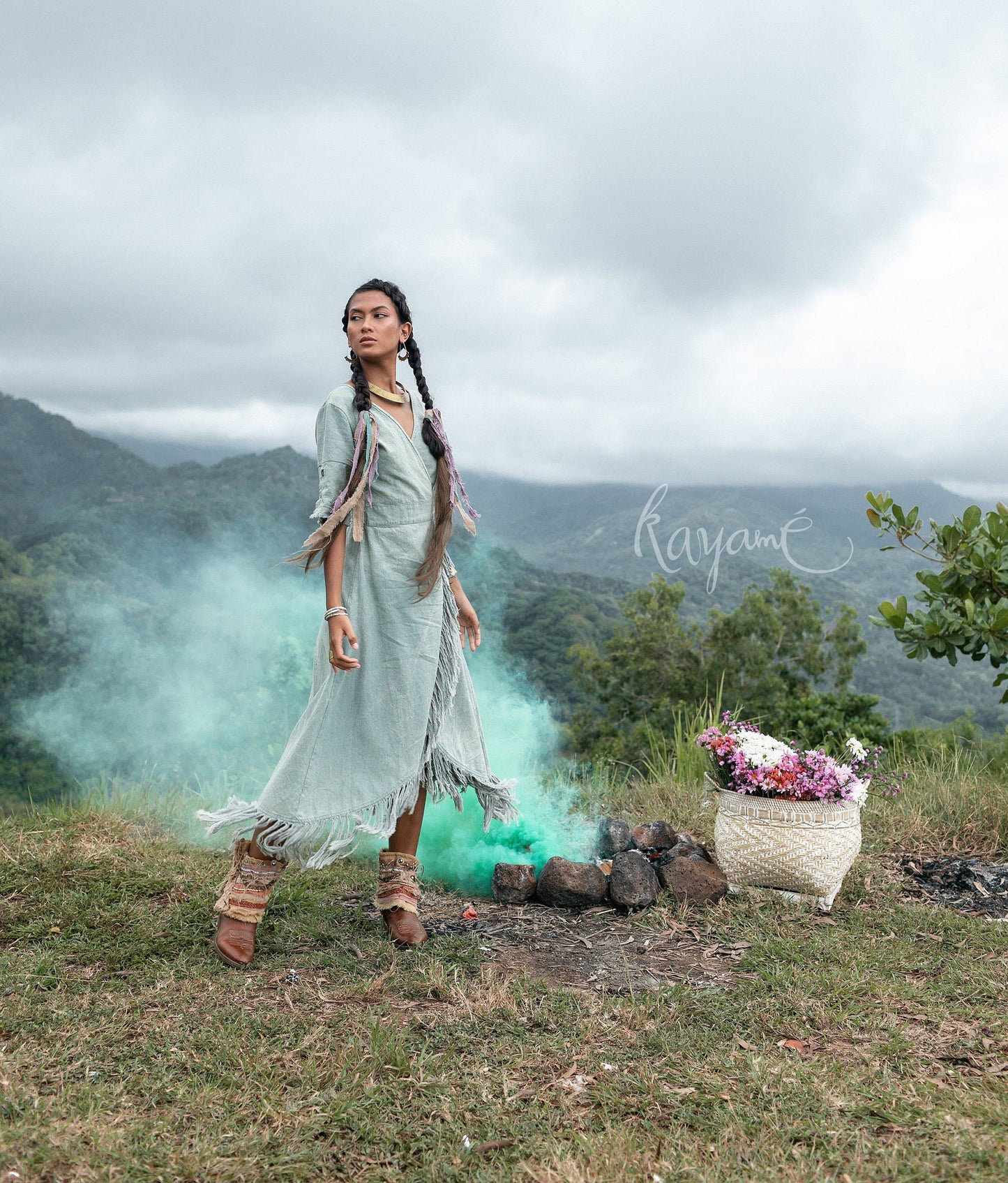 Green boho fringed dress