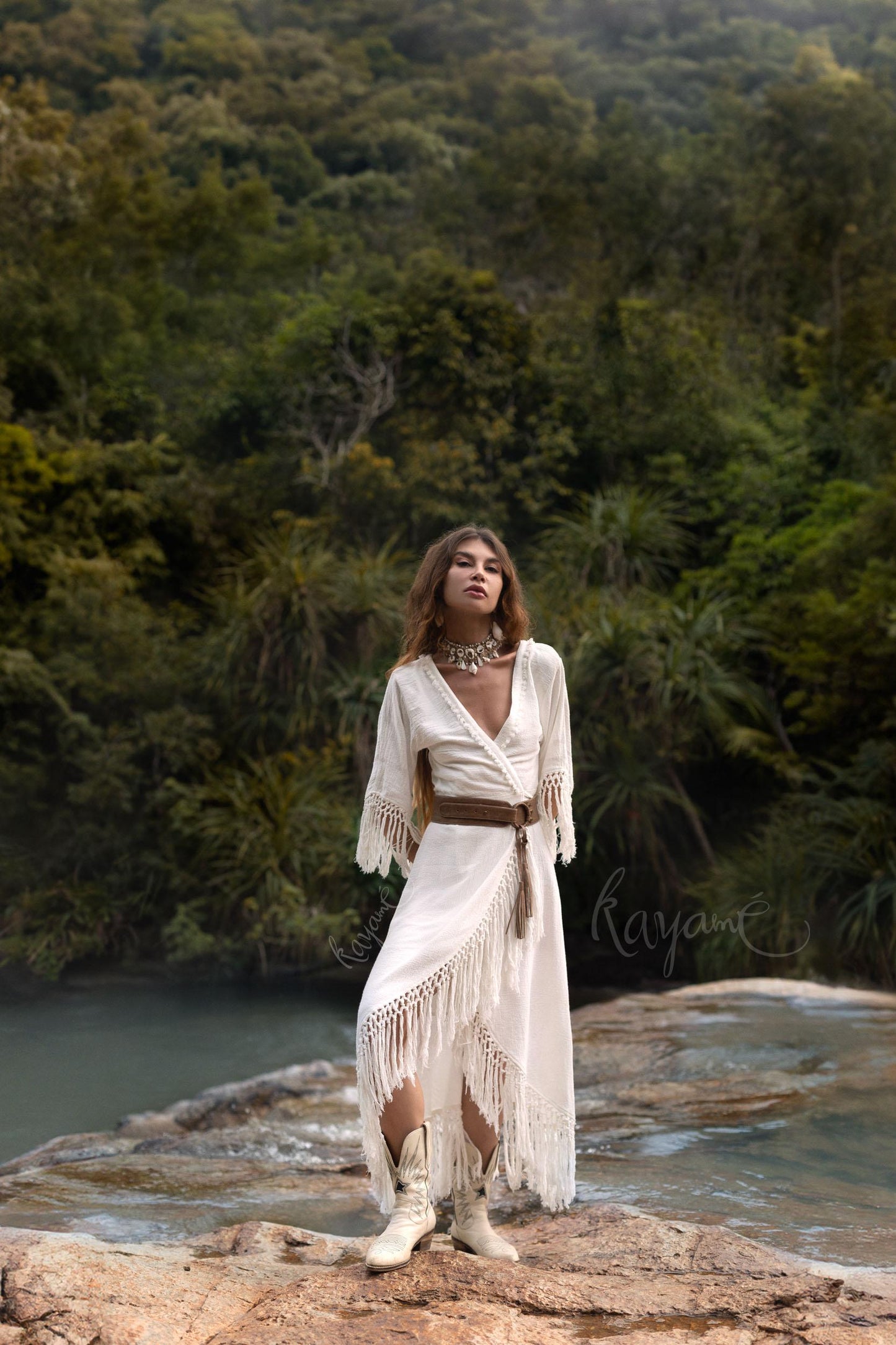 WHITE BOHO DRESS ꧁Kayame꧂ Fringe wedding dress • White maxi dress • White goddess dress • Bohemian dress • Western dress • White linen dress