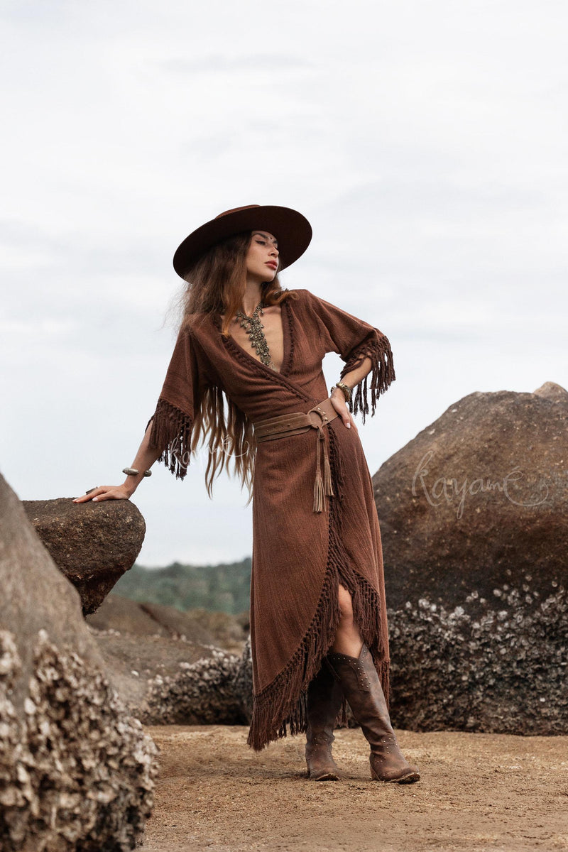 Brown Boho Maxi Dress with Fringe