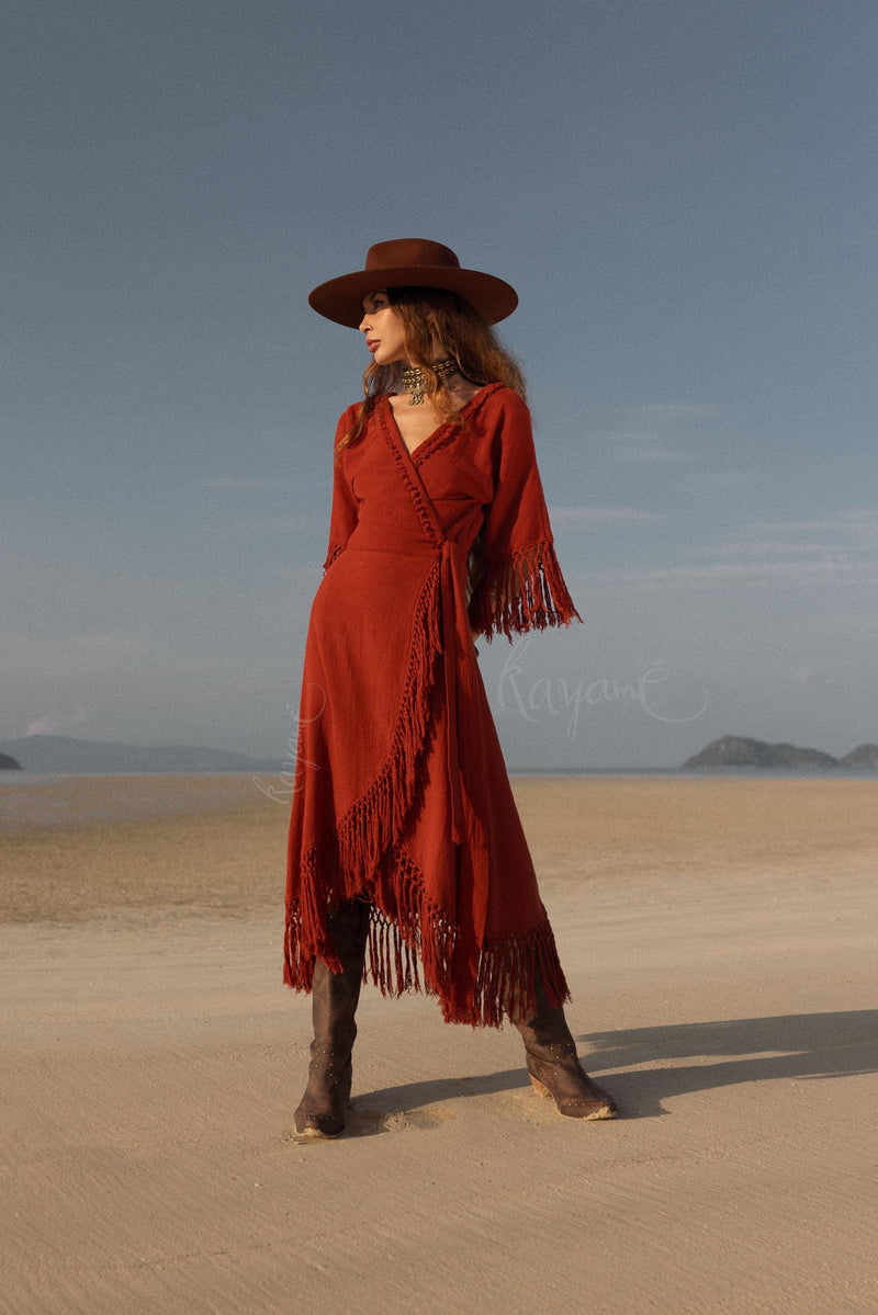 Red Boho Maxi Dress with Fringe