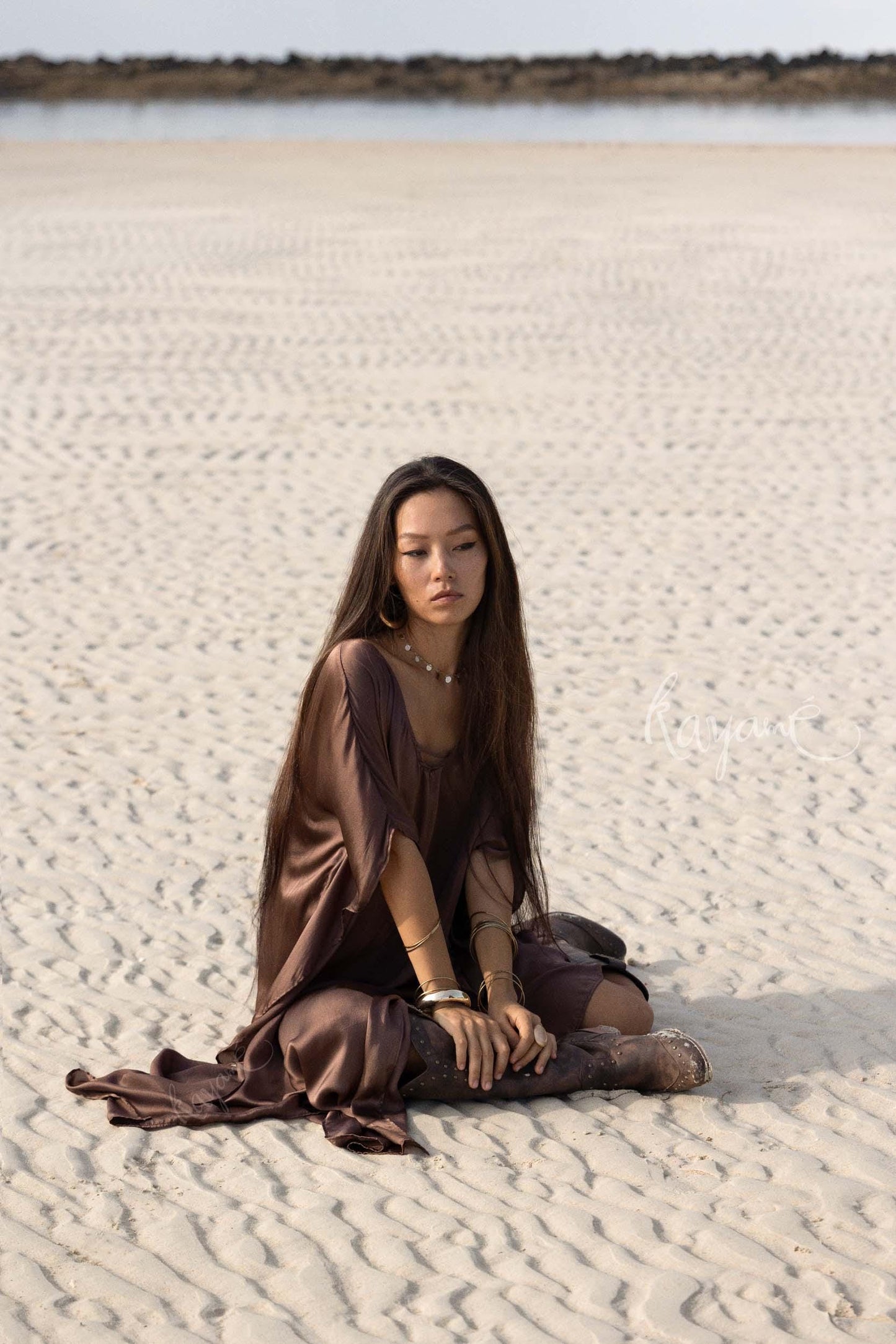 Hand-Dyed Silk Boho Caftan ꧁Kayame꧂ Reversible Goddess Dress • One size caftan • Brown long robe • Evening gown • Bohemian resort wear