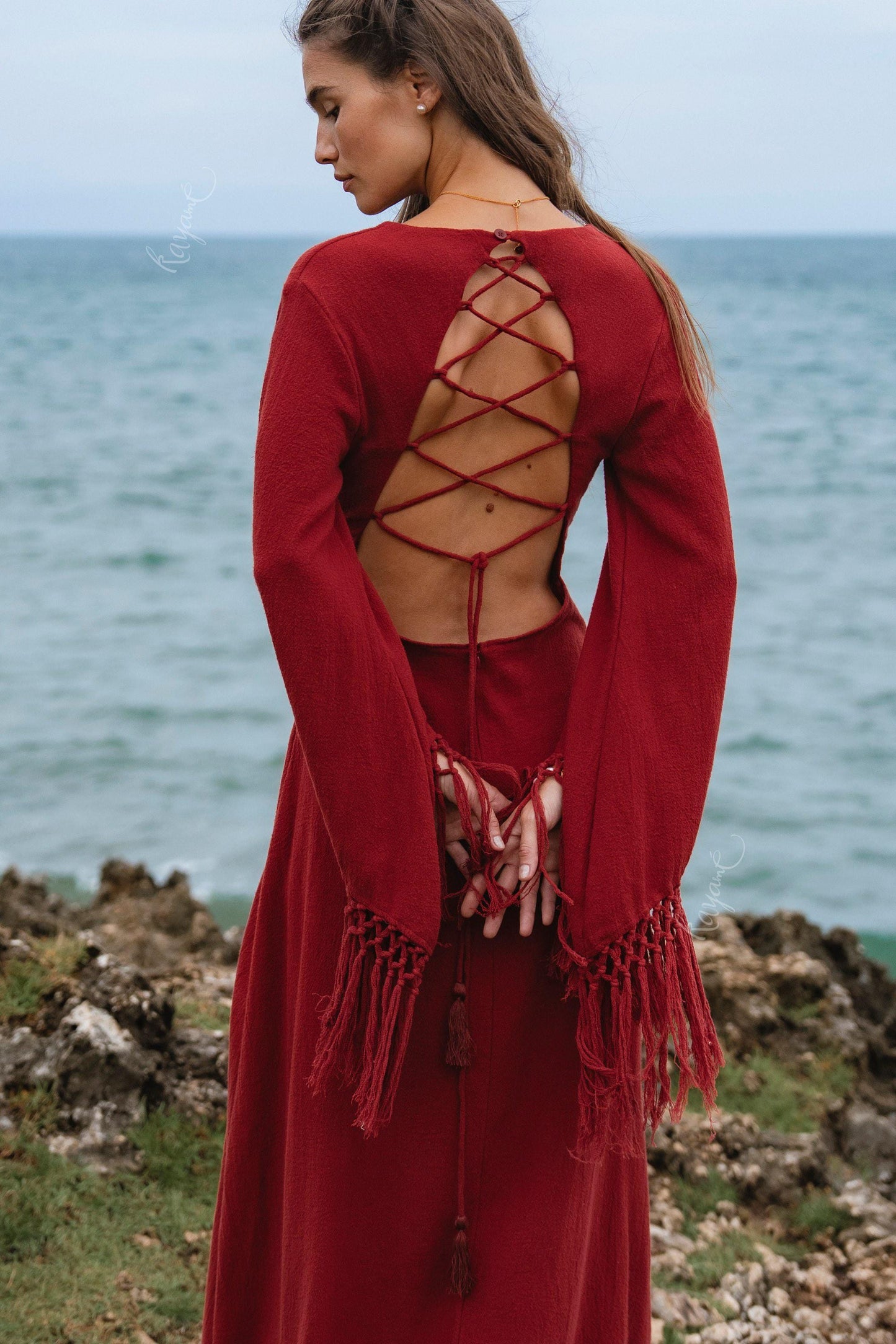 RED GODDESS DRESS • Backless boho maxi dress • Deep V Priestess Gown • Fringe sleeve evening dress