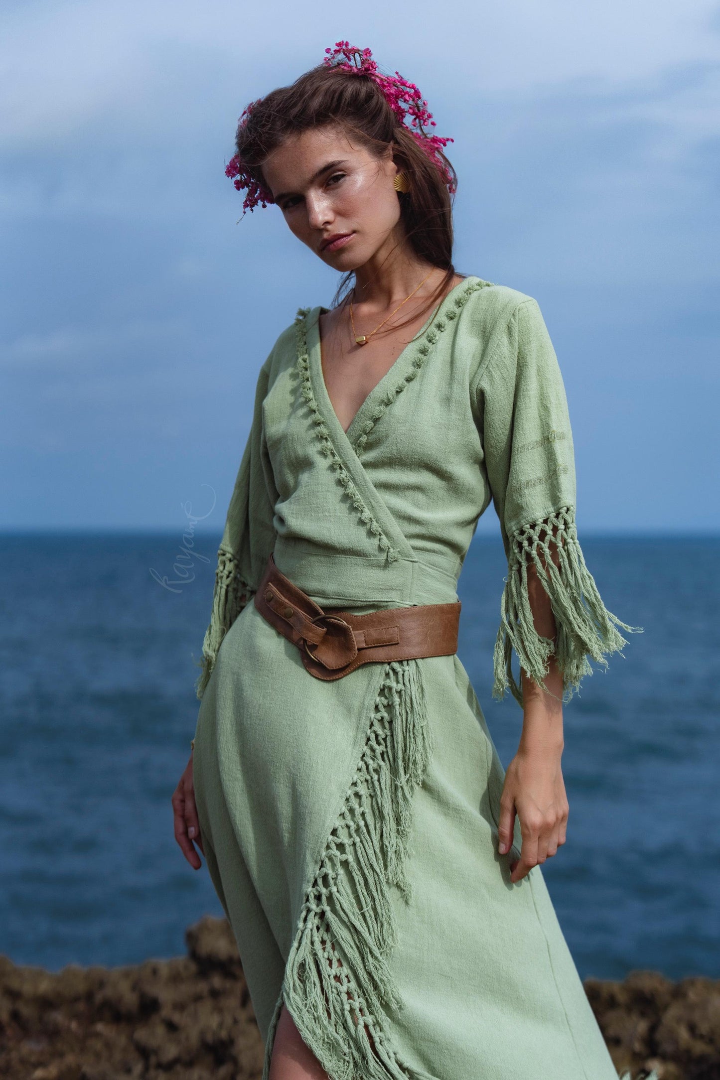 Sage Green Fringe Wrap Dress • Handmade Organic Linen Cotton Boho Midi Dress • Asymmetric Festival Dress • Bali Handmade
