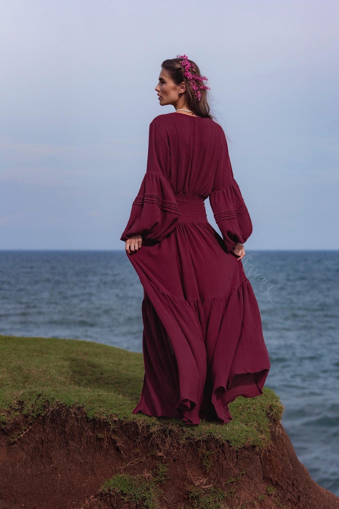 Burgundy Puff Sleeve Maxi Dress • Handmade Organic Cotton Gauze Tiered Dress • Boho Goddess Bridesmaid Dress • Priestess Goddess Dress