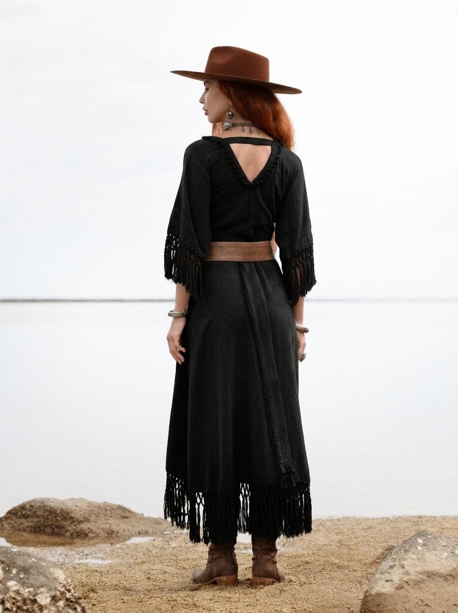 Black Fringe Wrap Dress • Handmade Organic Cotton Boho Midi Dress • Hand Dyed Tassel Dress • Witchy Festival Dress • Bali Handmade