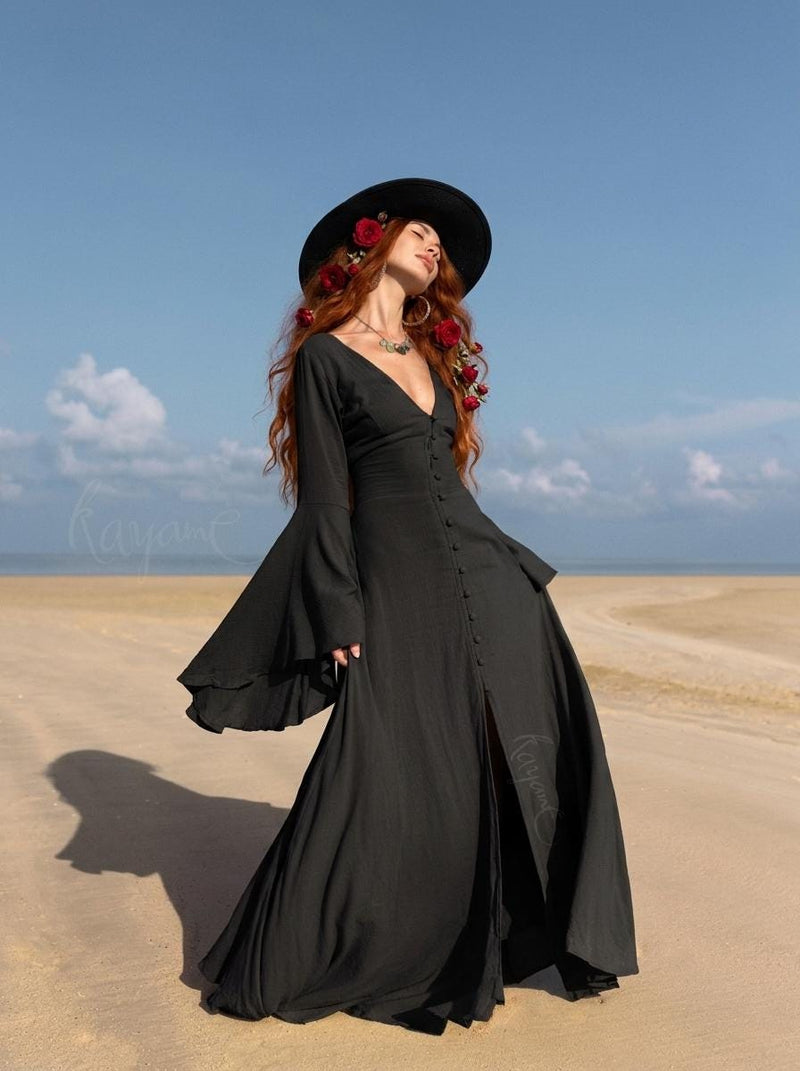 Black Elven Dress: Witchy Bell Sleeve Goddess Gown