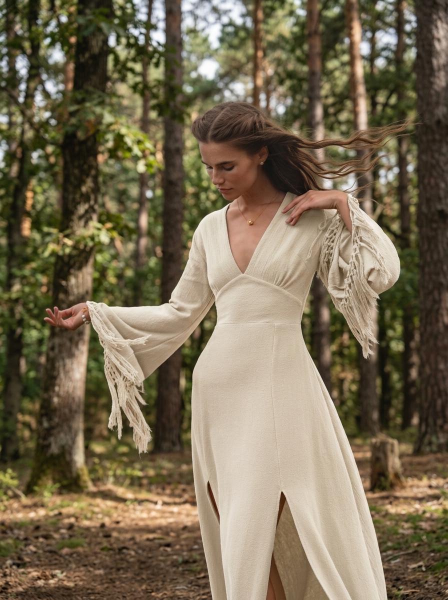 Off White Boho Wedding Dress • Backless Goddess Gown • Deep V Fringe Sleeve Maxi Dress • Natural Organic Cotton Elopement Dress