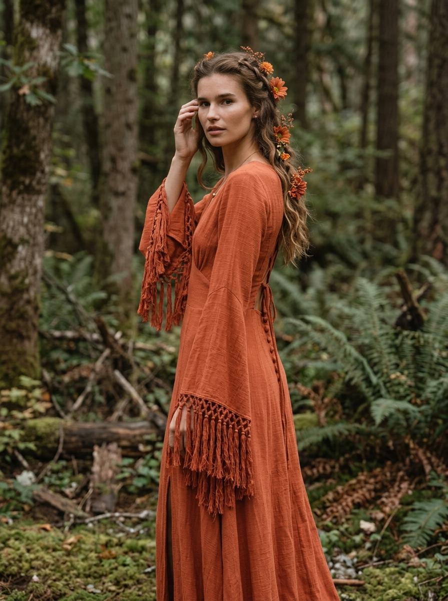 Burnt orange goddess maxi dress with deep V neckline, open back and fringe macrame sleeves — handmade in Bali (view 8)