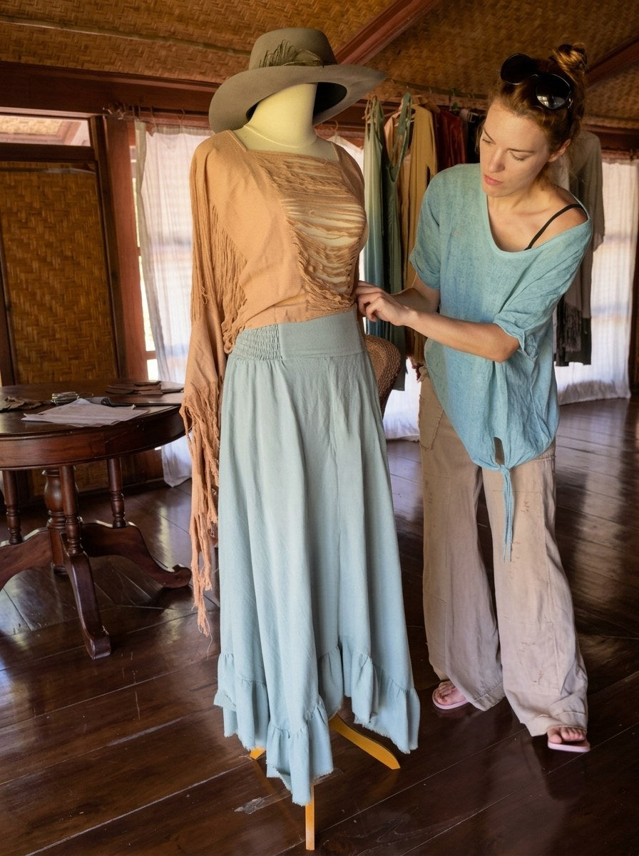 Kaya fitting a skirt on the form in the Kayame studio, Bali