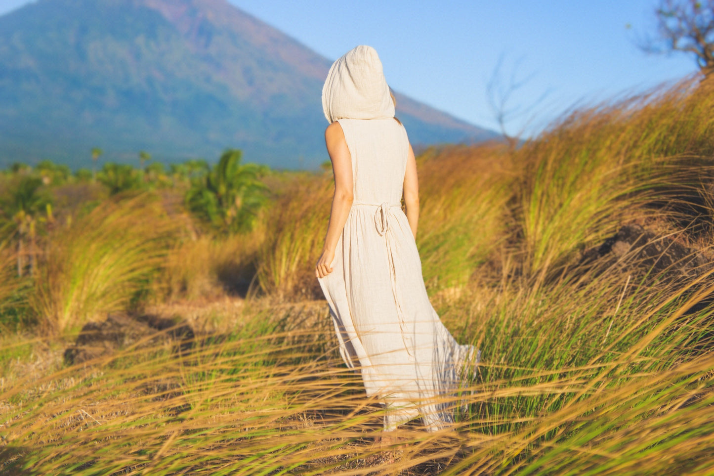 Organic cotton hooded wrap dress