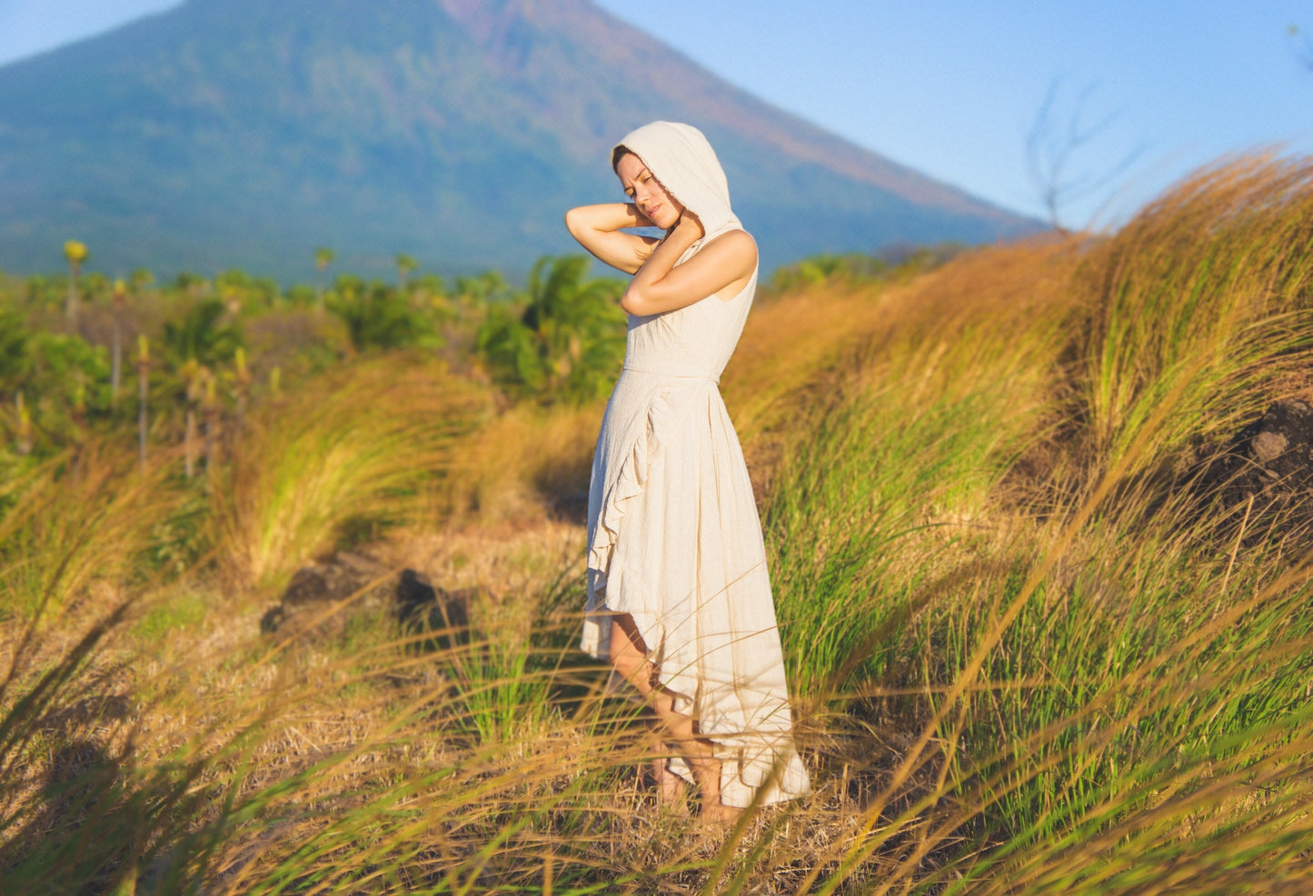Organic cotton hooded wrap dress