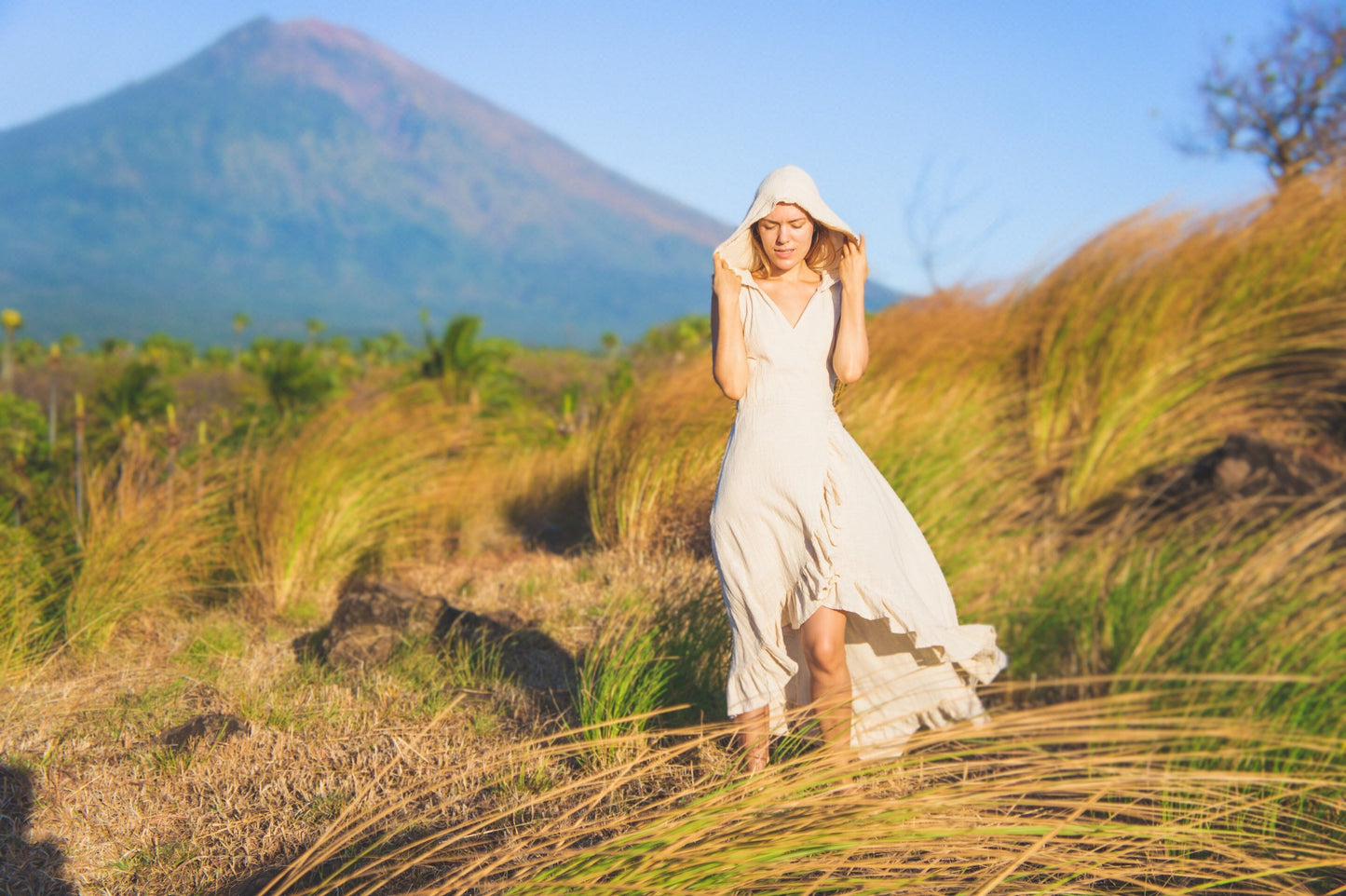 Organic cotton hooded wrap dress