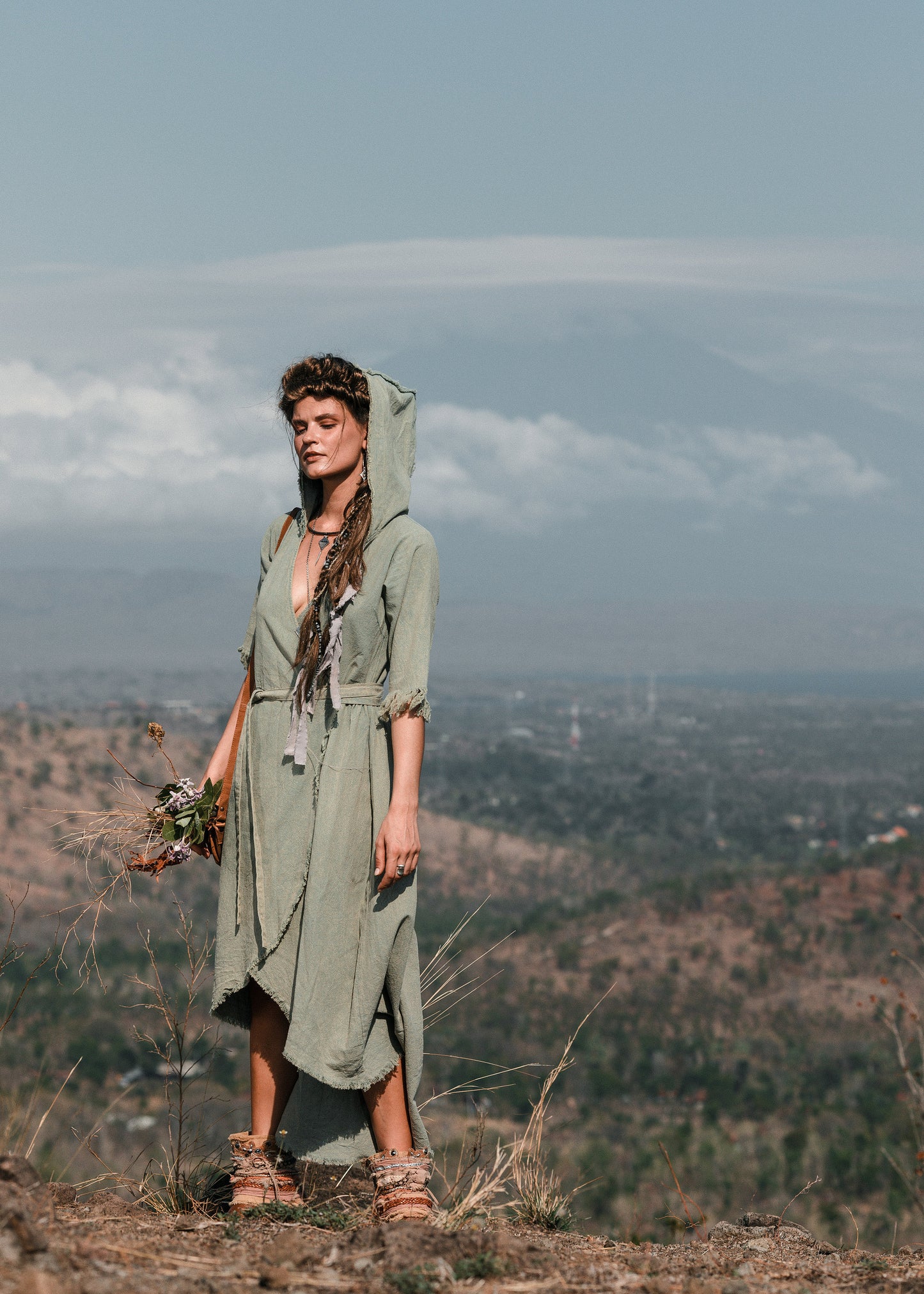 Hooded kimono wrap dress | Turquoise