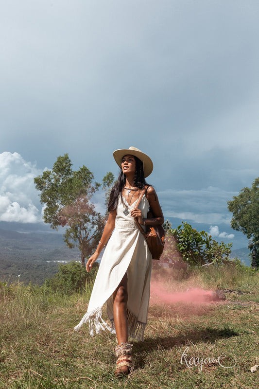 White gypsy dress with tassels