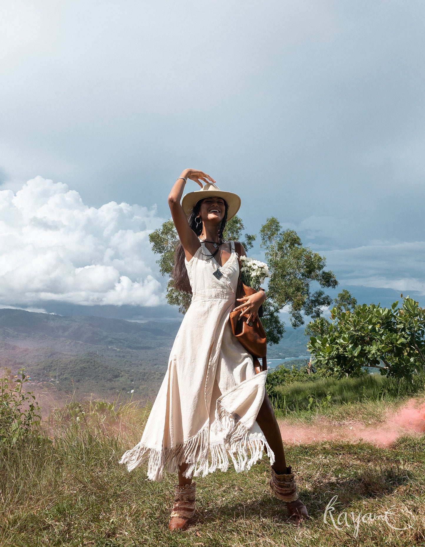 White gypsy dress with tassels