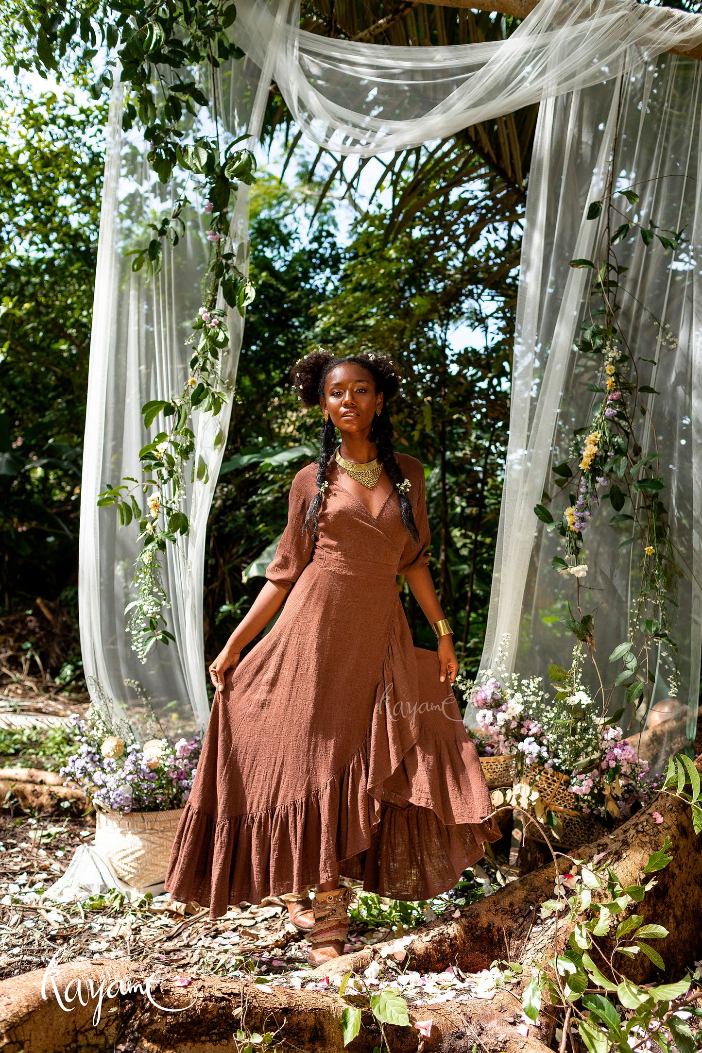 Goddess ruffle wrap dress | Earthy Brown