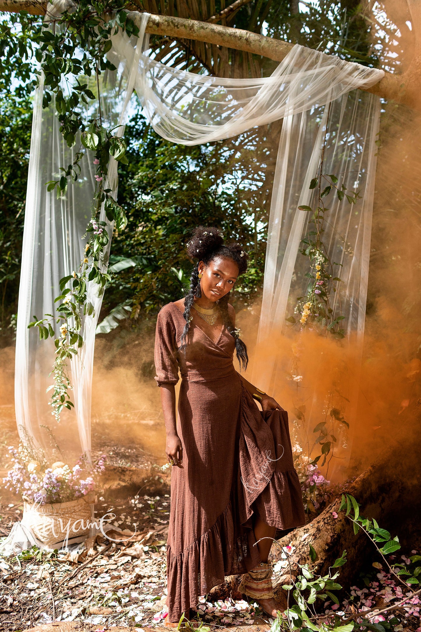 Goddess ruffle wrap dress | Earthy Brown