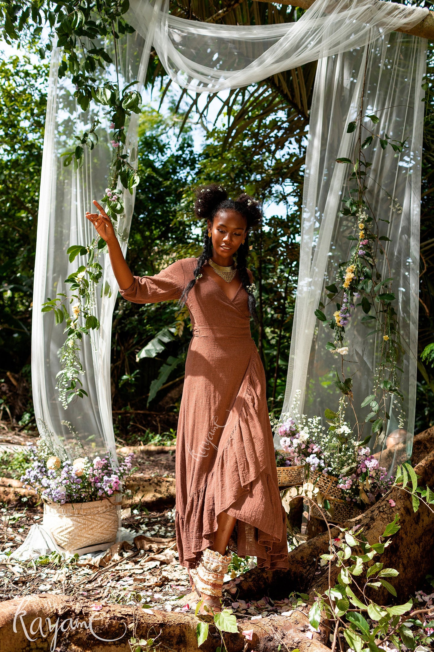 Goddess ruffle wrap dress | Earthy Brown