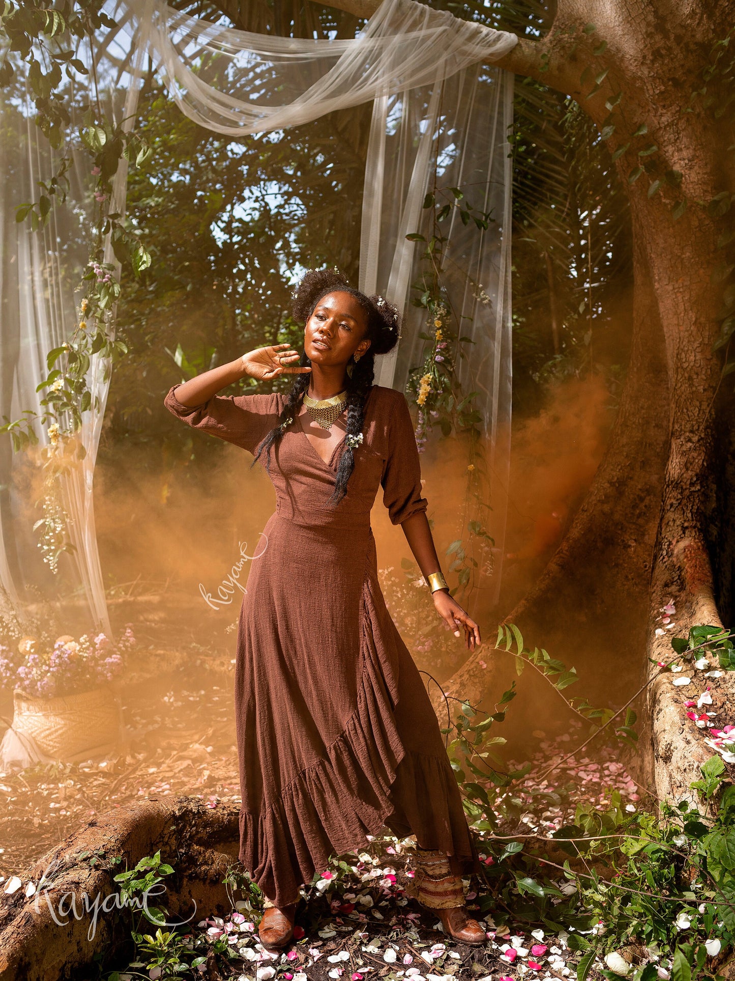Goddess ruffle wrap dress | Earthy Brown