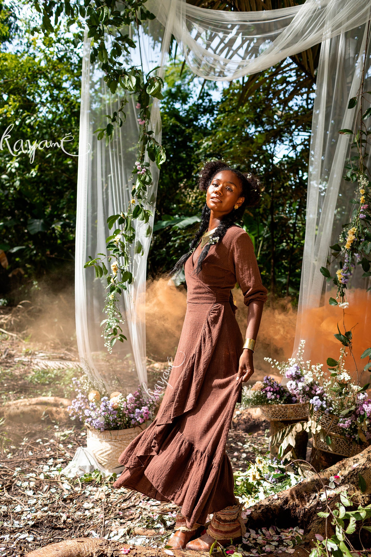Goddess ruffle wrap dress | Earthy Brown