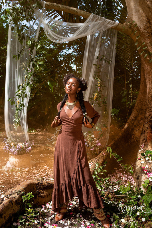 Goddess ruffle wrap dress | Earthy Brown