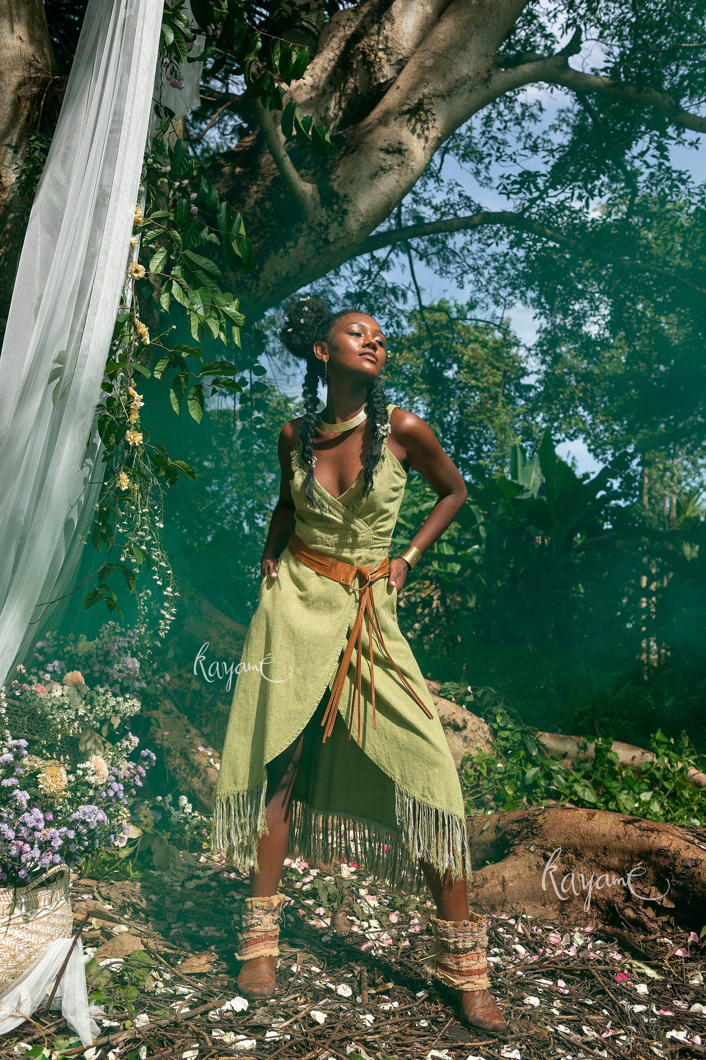 Olive green dress with tassels