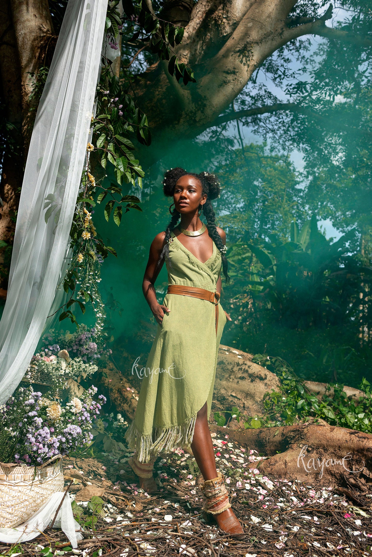 Olive green dress with tassels