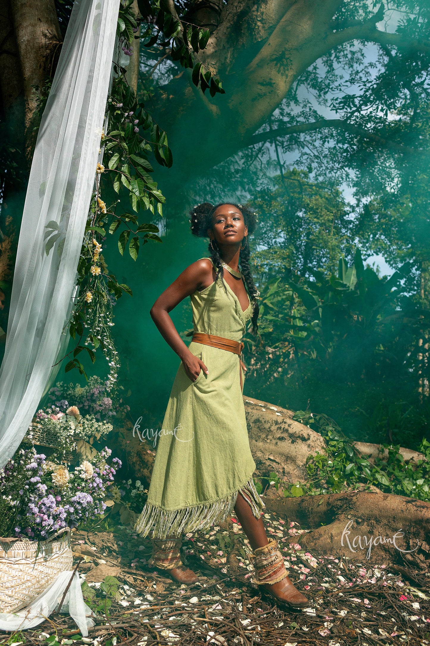 Olive green dress with tassels