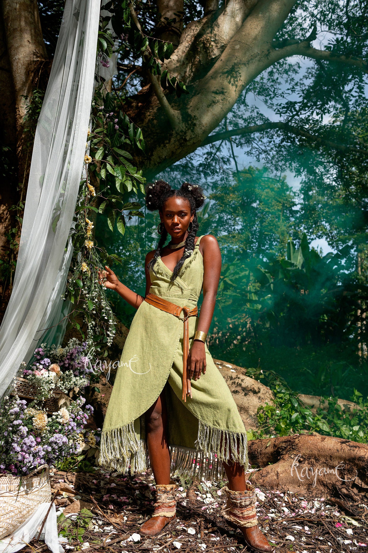 Olive green dress with tassels