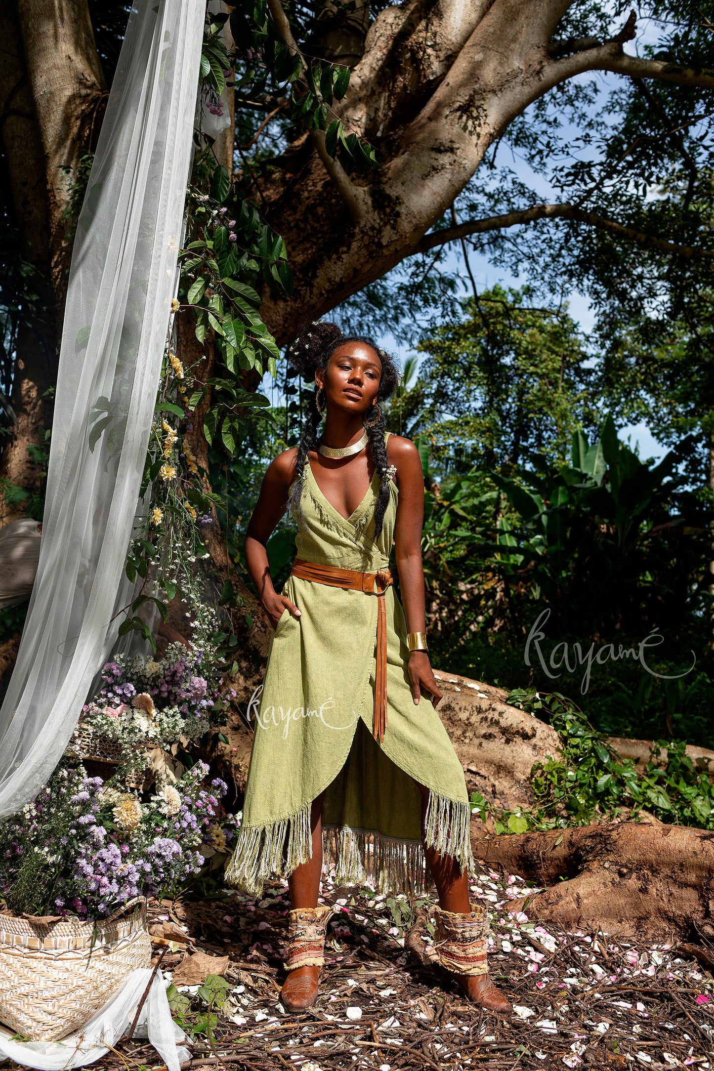 Olive green dress with tassels