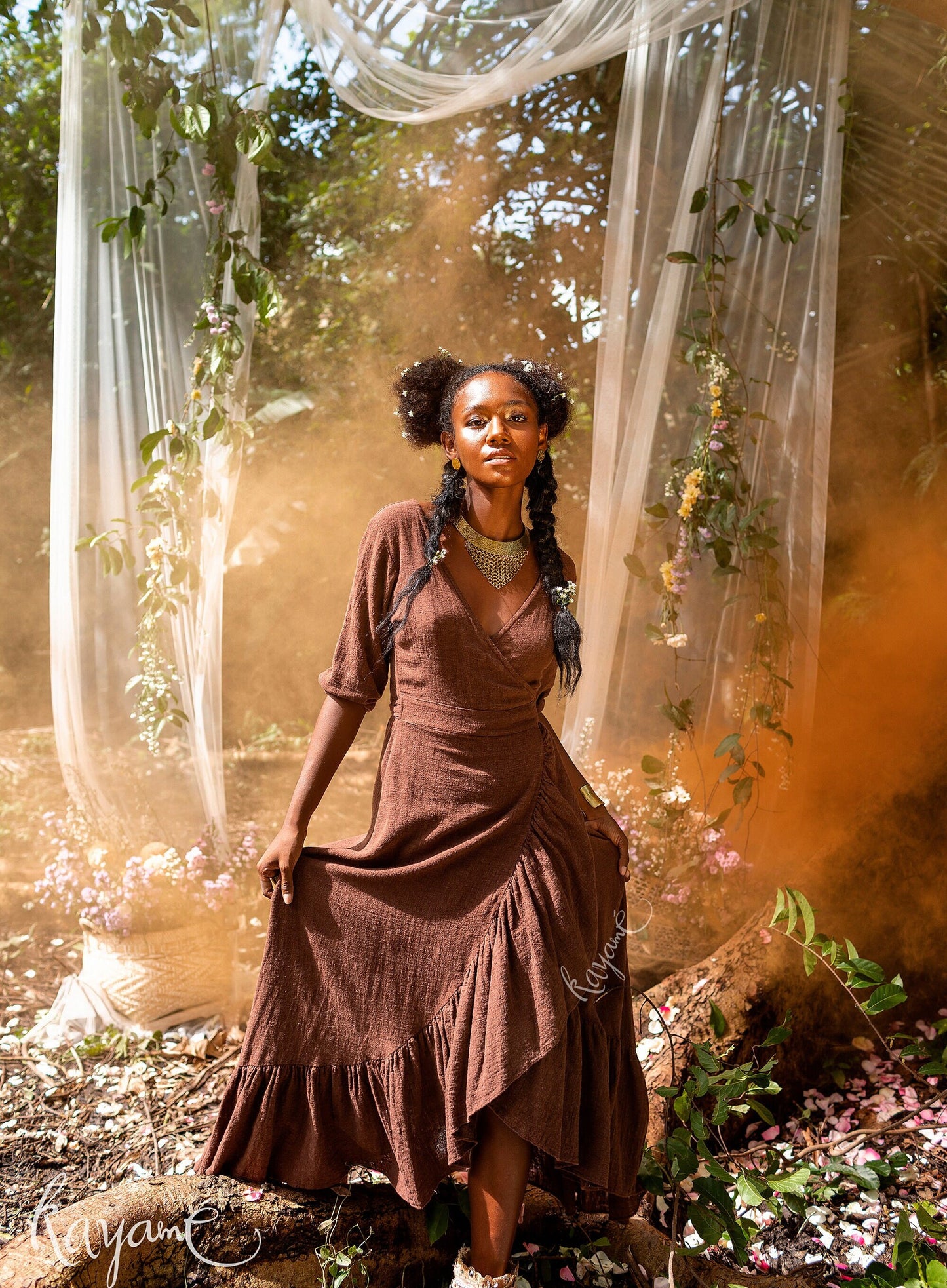 Goddess ruffle wrap dress | Earthy Brown