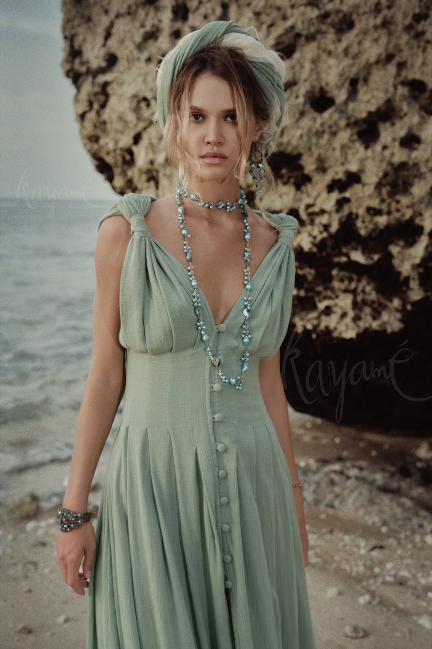 Greek goddess sage green dress