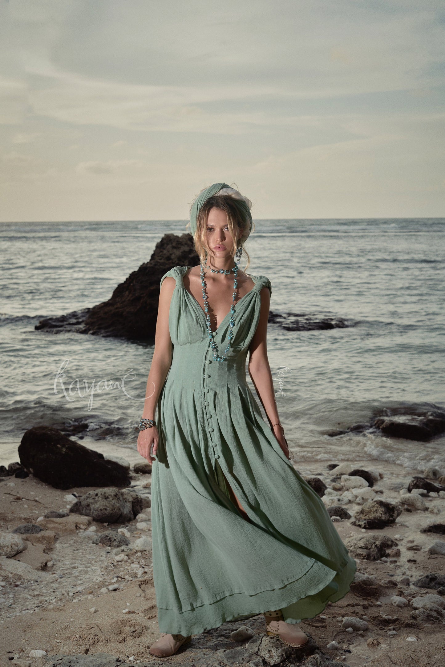 Greek goddess sage green dress