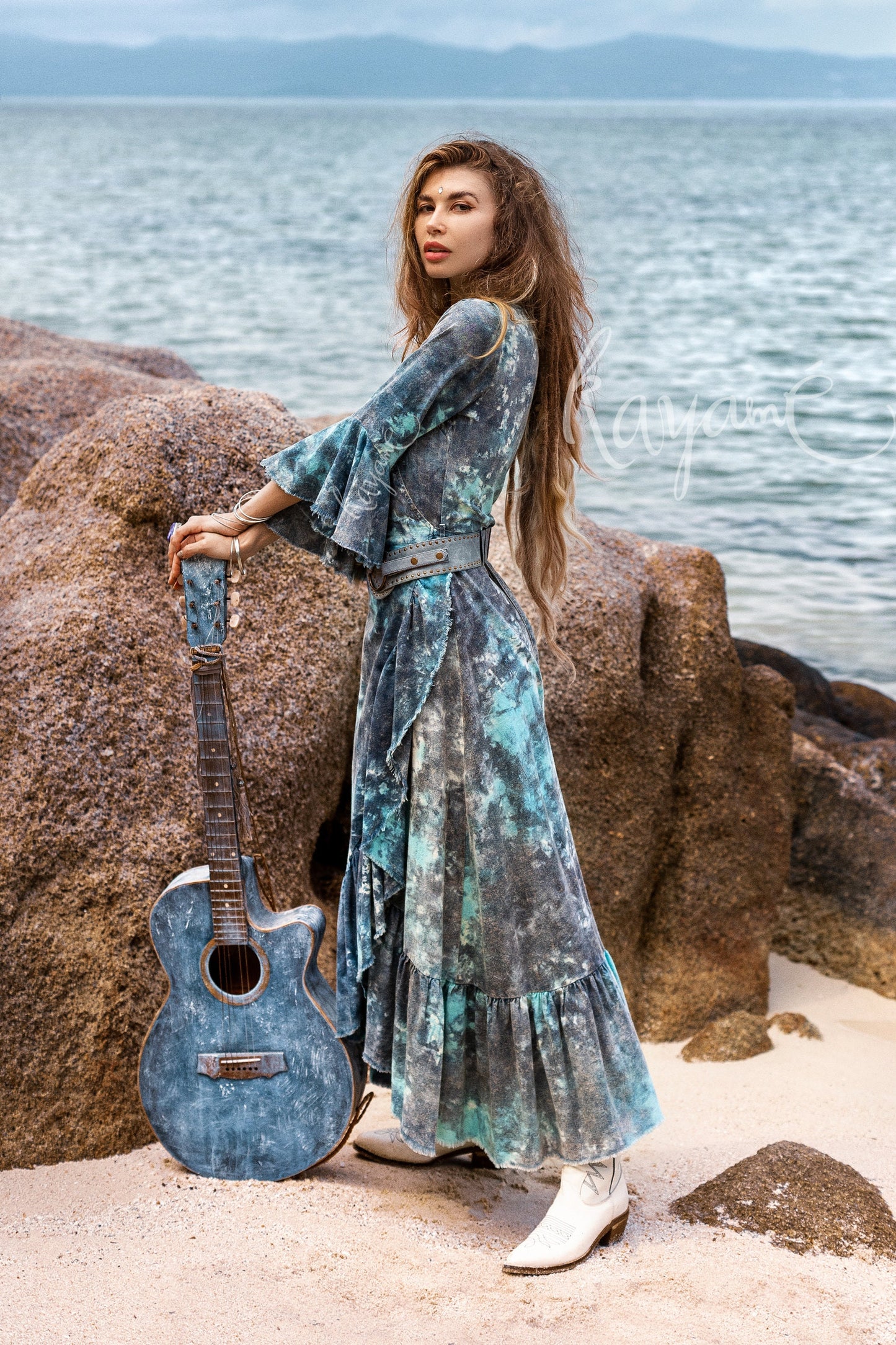 Blue tie dye boho dress