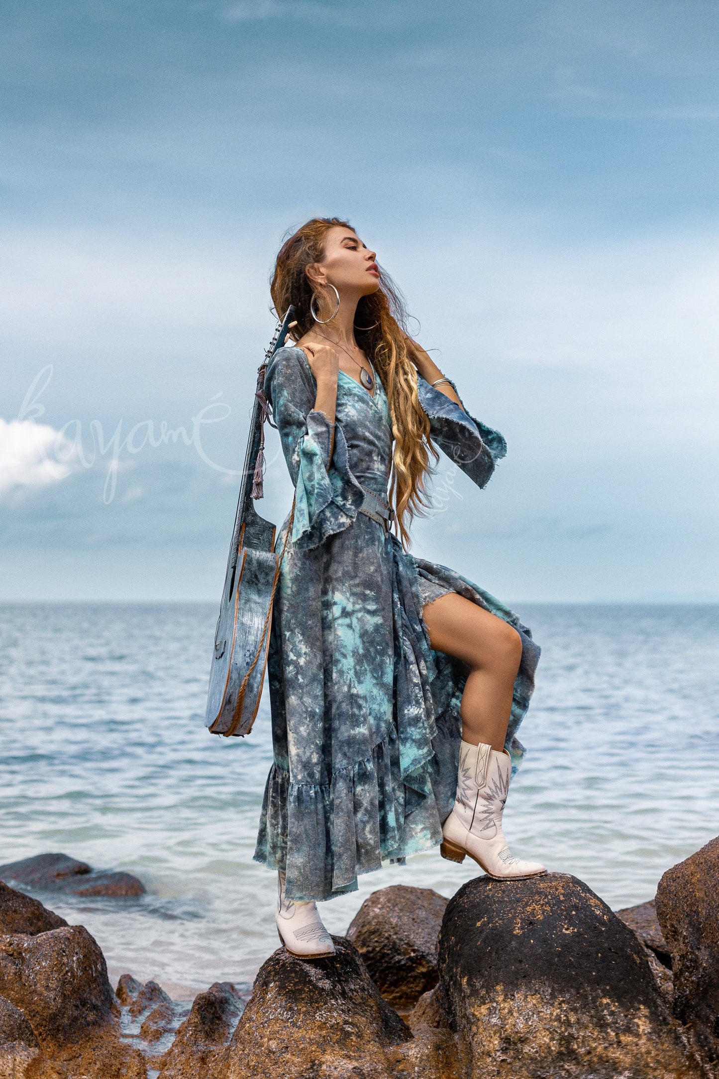 Blue tie dye boho dress