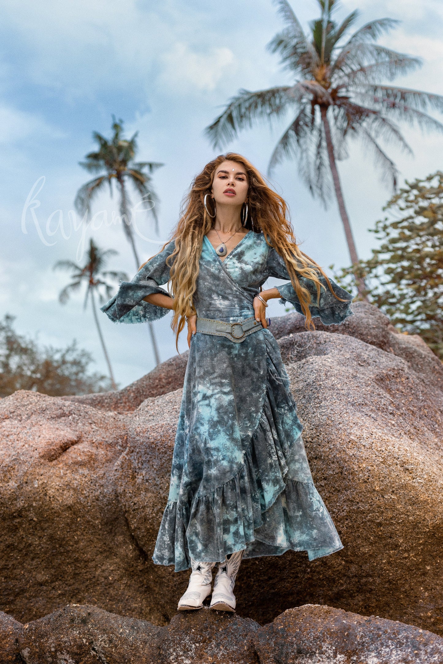 Blue tie dye boho dress