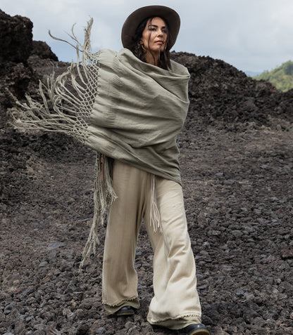 Boho Fringe Shawl: Organic Cotton Scarf, Hand-loomed Cover-Up