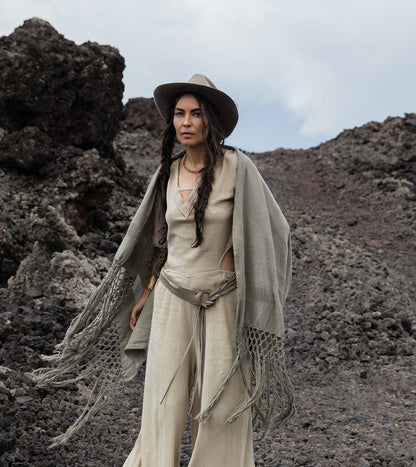 Boho Fringe Shawl: Organic Cotton Scarf, Hand-loomed Cover-Up
