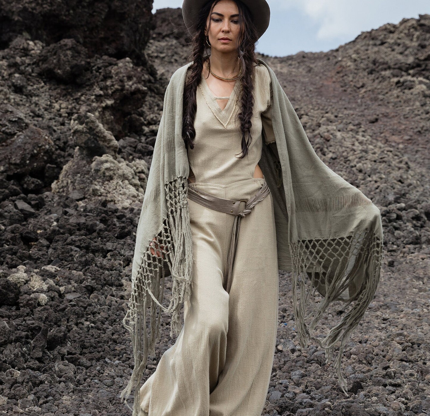 Boho Fringe Shawl: Organic Cotton Scarf, Hand-loomed Cover-Up