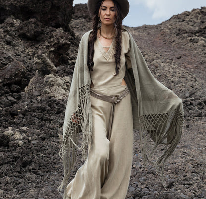 Boho Fringe Shawl: Organic Cotton Scarf, Hand-loomed Cover-Up