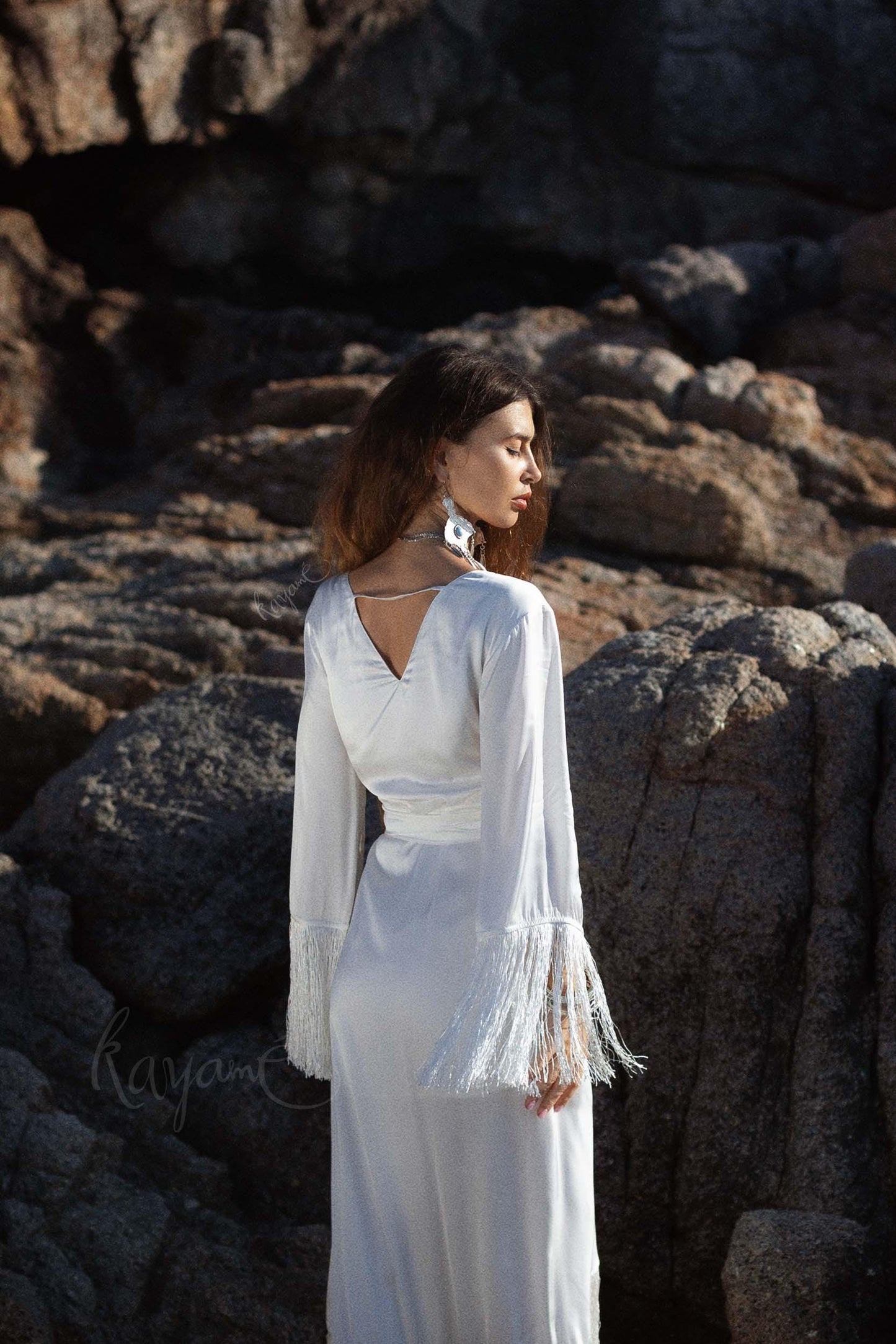 SILK BOHO DRESS ꧁Kayame꧂ Boho wedding dress long sleeve • White boho dress • Goddess dress •  Boho fringe dress • Western wedding dress
