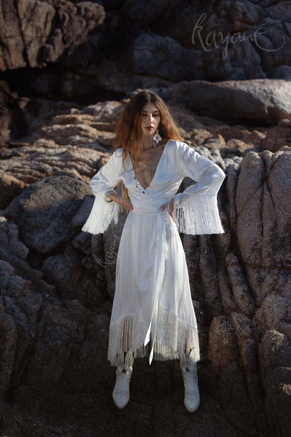 SILK BOHO DRESS ꧁Kayame꧂ Boho wedding dress long sleeve • White boho dress • Goddess dress •  Boho fringe dress • Western wedding dress