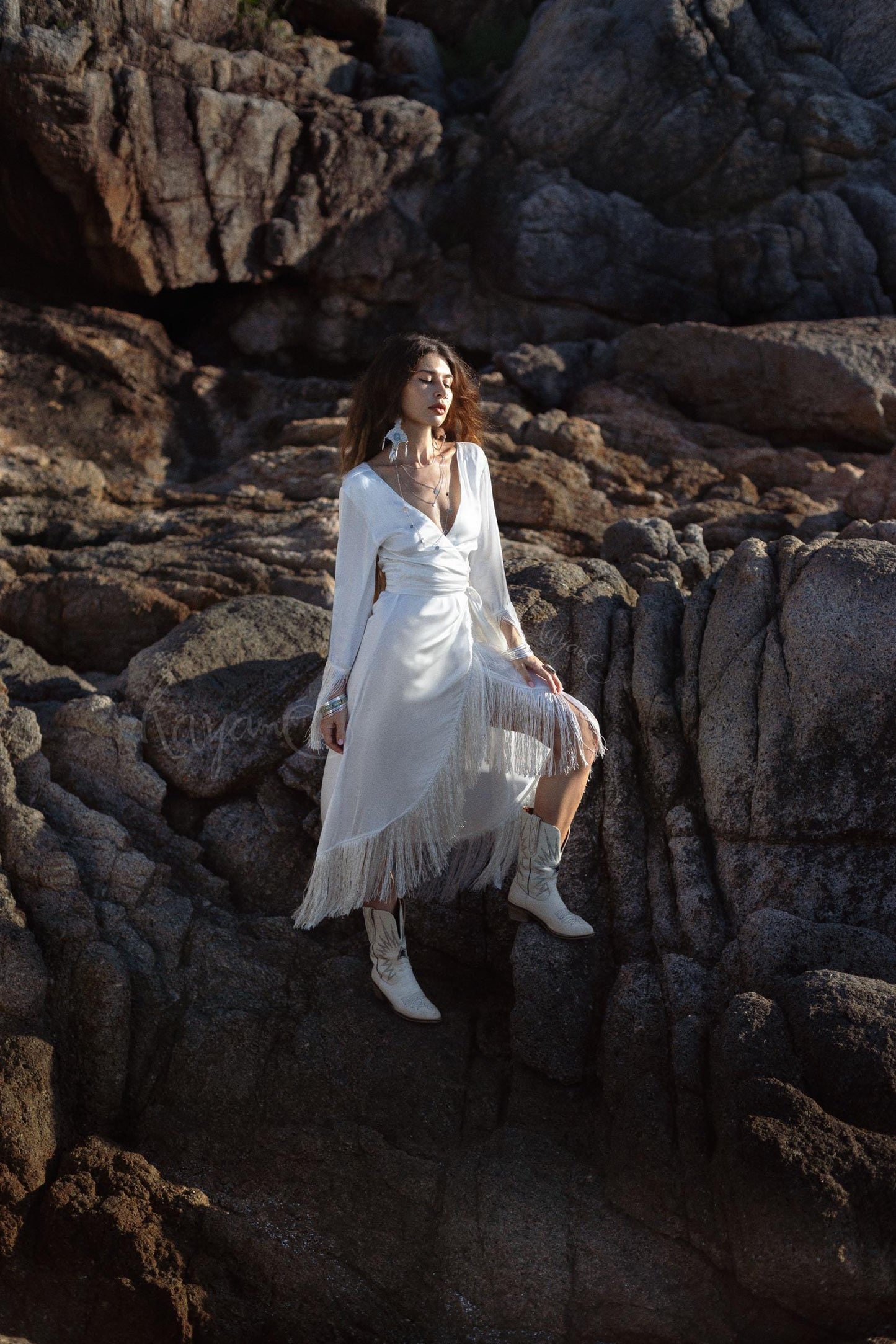 SILK BOHO DRESS ꧁Kayame꧂ Boho wedding dress long sleeve • White boho dress • Goddess dress •  Boho fringe dress • Western wedding dress
