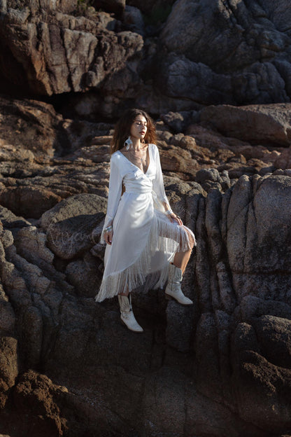SILK BOHO DRESS ꧁Kayame꧂ Boho wedding dress long sleeve • White boho dress • Goddess dress •  Boho fringe dress • Western wedding dress