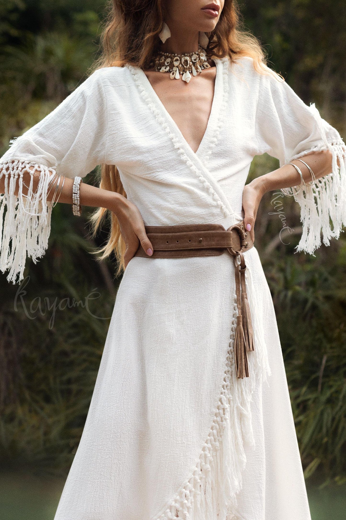 WHITE BOHO DRESS ꧁Kayame꧂ Fringe wedding dress • White maxi dress • White goddess dress • Bohemian dress • Western dress • White linen dress