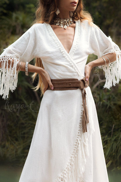 WHITE BOHO DRESS ꧁Kayame꧂ Fringe wedding dress • White maxi dress • White goddess dress • Bohemian dress • Western dress • White linen dress