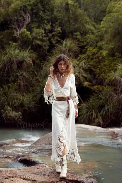 WHITE BOHO DRESS ꧁Kayame꧂ Fringe wedding dress • White maxi dress • White goddess dress • Bohemian dress • Western dress • White linen dress