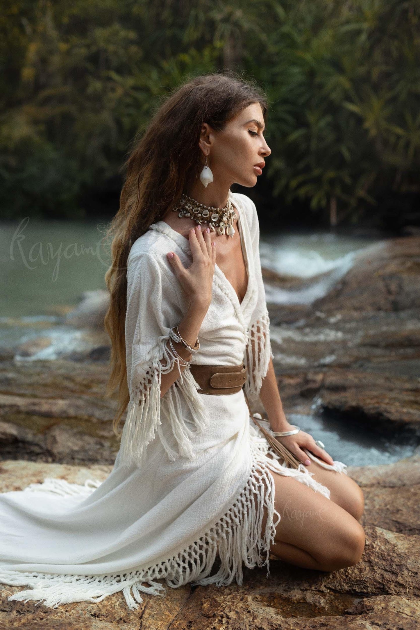 WHITE BOHO DRESS ꧁Kayame꧂ Fringe wedding dress • White maxi dress • White goddess dress • Bohemian dress • Western dress • White linen dress