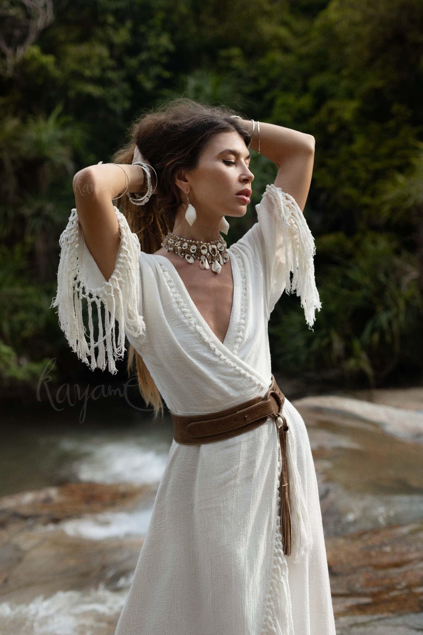 WHITE BOHO DRESS ꧁Kayame꧂ Fringe wedding dress • White maxi dress • White goddess dress • Bohemian dress • Western dress • White linen dress