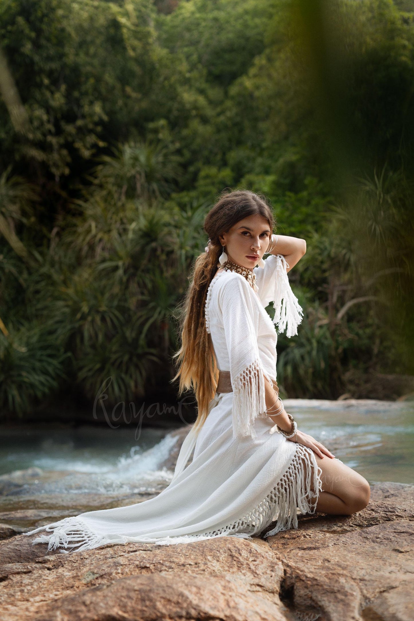 WHITE BOHO DRESS ꧁Kayame꧂ Fringe wedding dress • White maxi dress • White goddess dress • Bohemian dress • Western dress • White linen dress